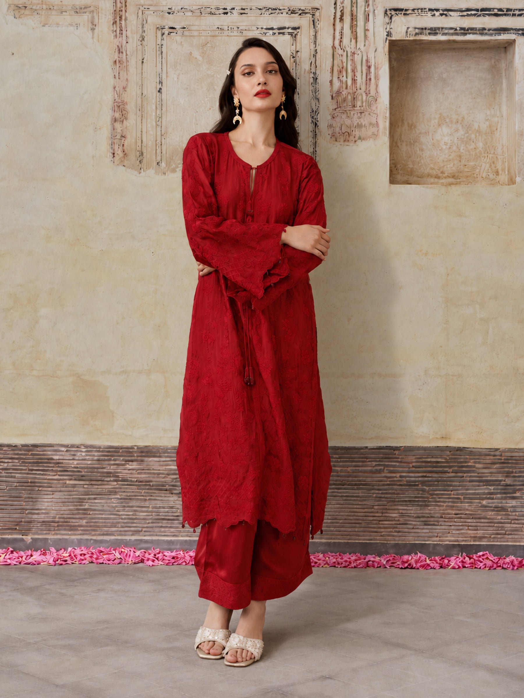 Arlette Cupro Satin Red Long Kaftan Set