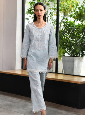Mulmul Cotton Beverly Blue Top With Beverly Blue Pant