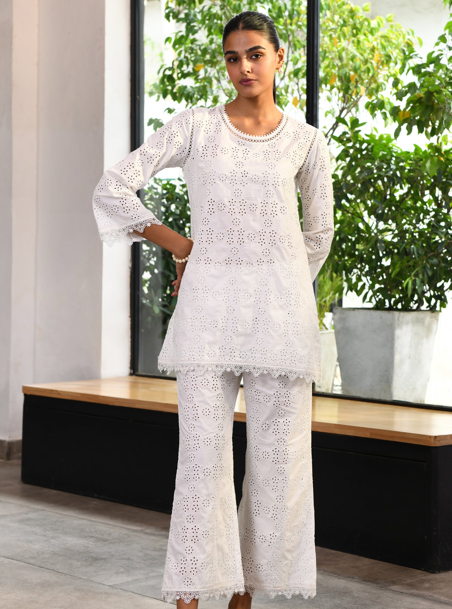 Buy WIDE WHITE HOLLOWLACEUP TROUSER for Women Online in India