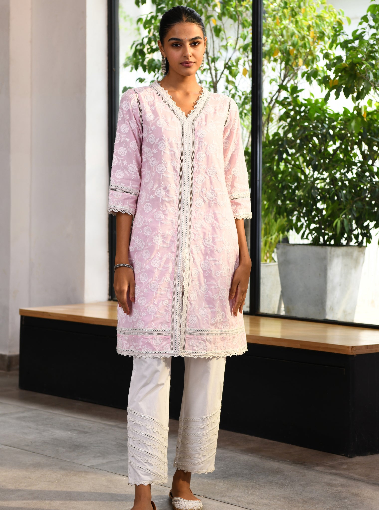 Mulmul Cotton Briallen Pink Kurta With Mulmul Cotton Wade Mirror Gota White Pant