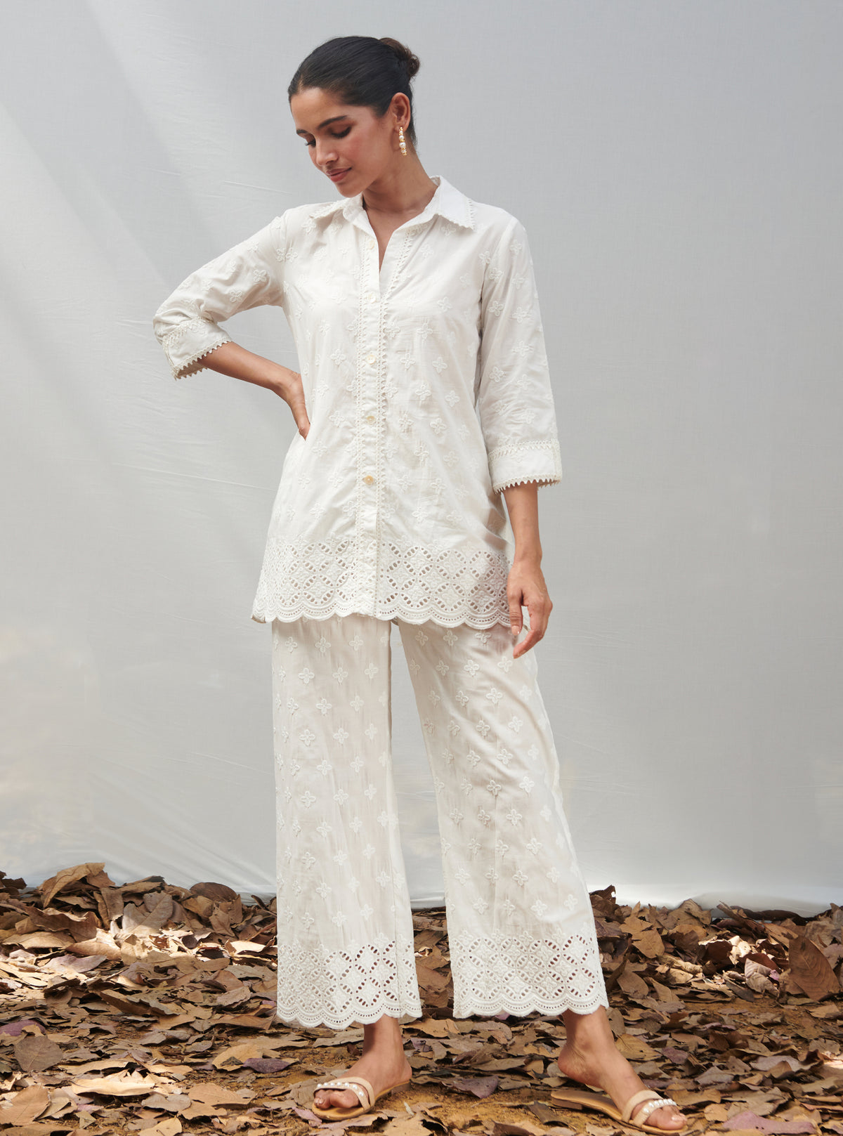 Mulmul Supima Cotton Floral Lace Flared White Pant main image 1