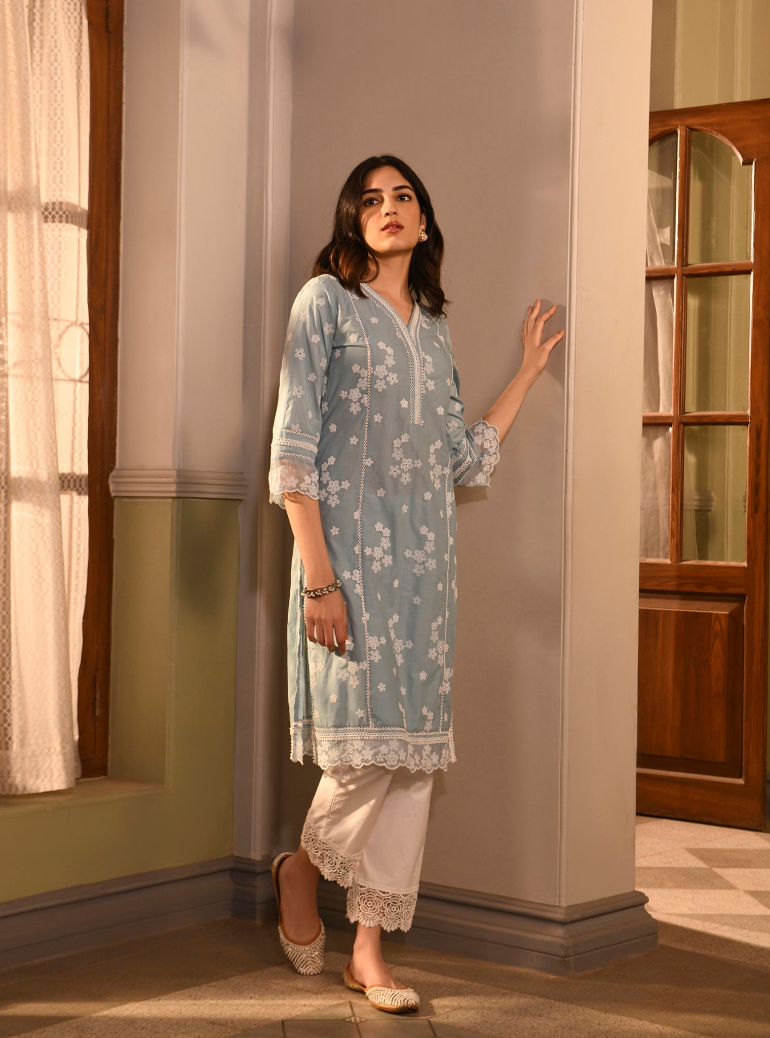 Mulmul Cotton Malisa Light Blue Kurta