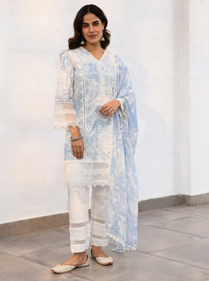 Makhmal Olive Blue Kurta With Mulmul Supima Cotton Scallop Dhoti