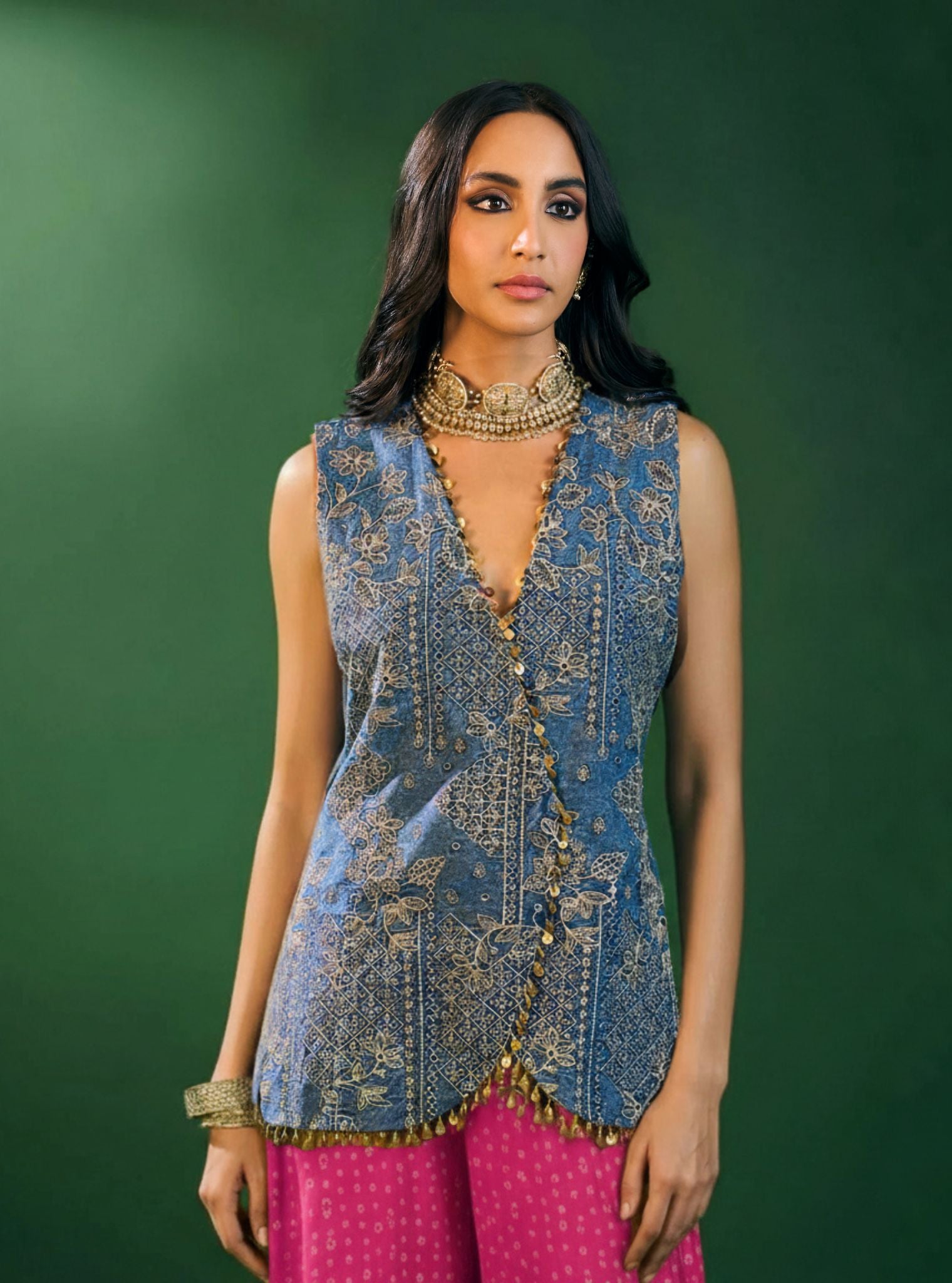 Lunira Denim Waistcoat With Cupro Satin Printed Fuschia Pant