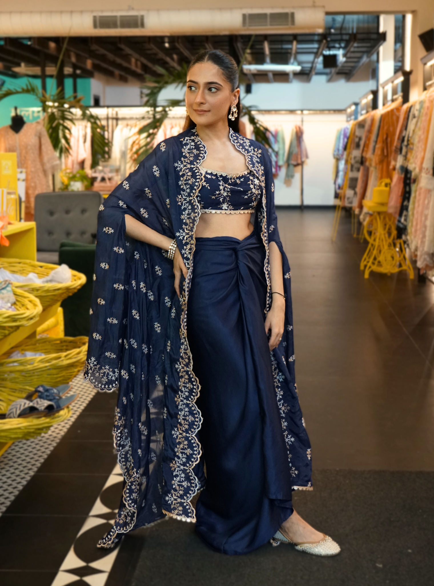 Saanware HO Silk Navy Long Shrug With Skirt - Main Image