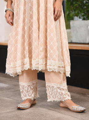 Mulmul Organza Anarkali Dori Biege Kurta With Mulmul Cotton Dori Biege Pant