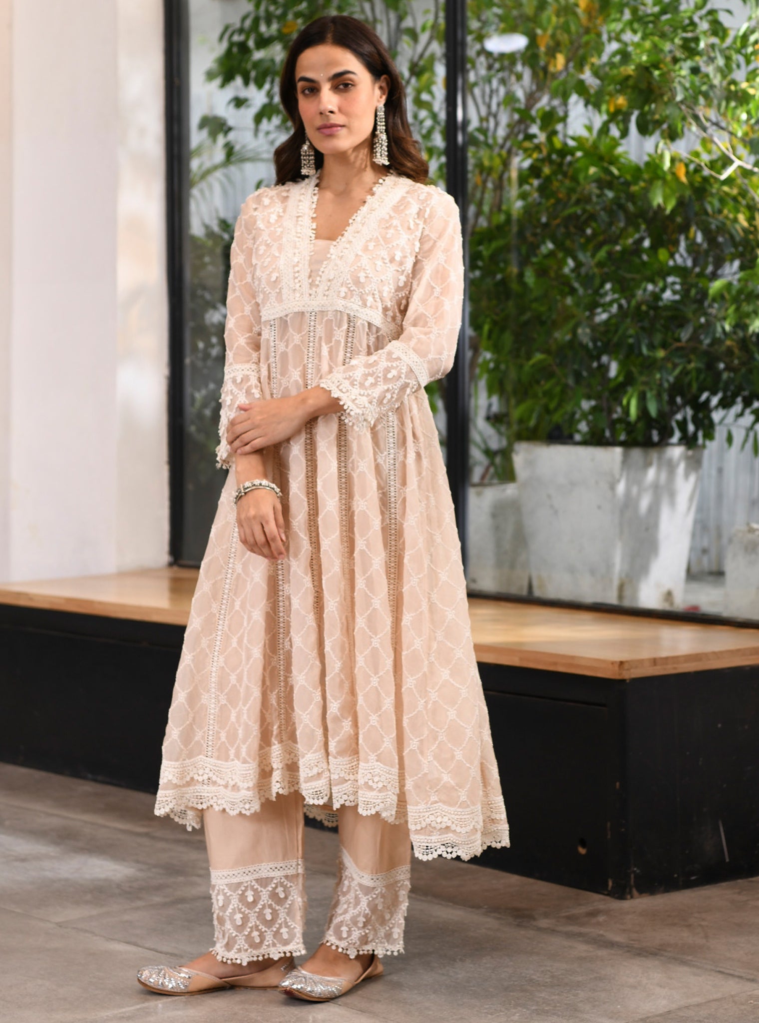 Mulmul Organza Anarkali Dori Beige Kurta With Mulmul Cotton Dori Beige Pant