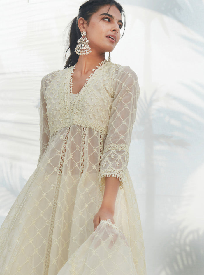 Mulmul Organza Anarkali Dori White Kurta