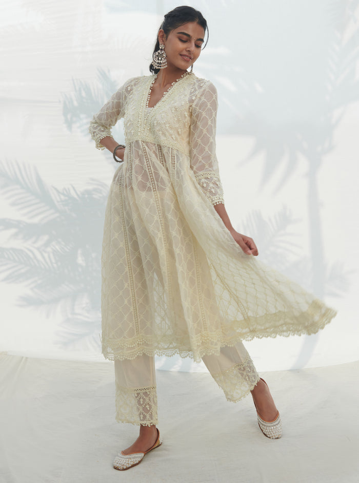 Mulmul Organza Anarkali Dori White Kurta