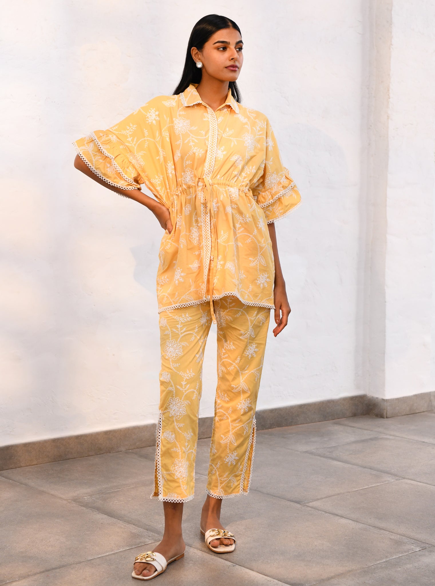 Mulmul Cotton Ely Yellow Top With Ely Yellow Pant