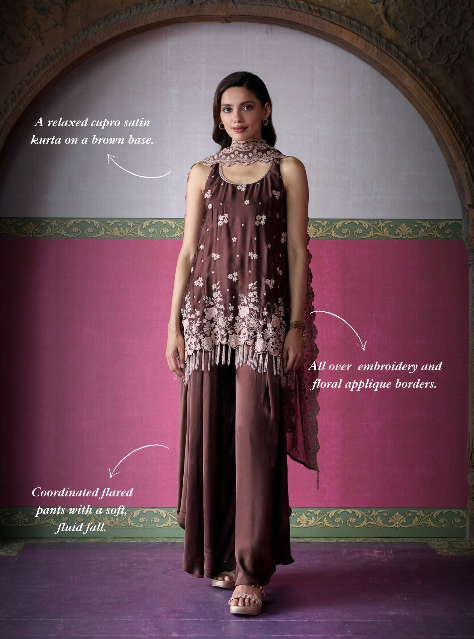 Nemi Cupro Satin Brown Short Kurta with Draped Pants