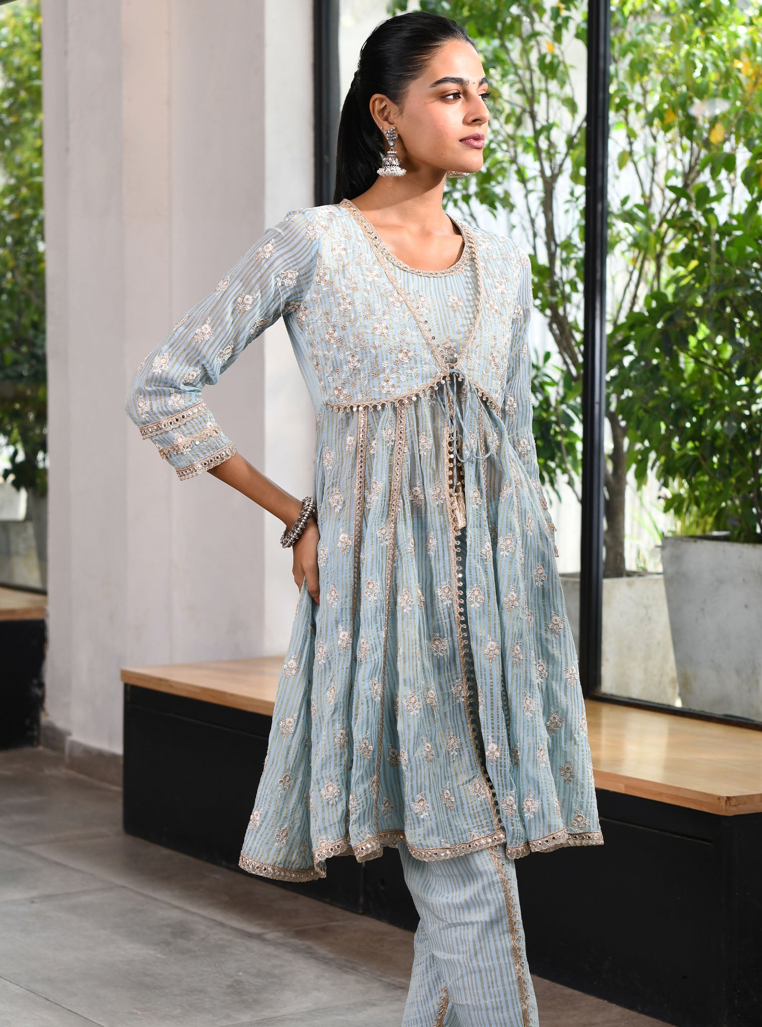 Mulmul Banarsi Finsbury Short Blue Anarkali  Kurta