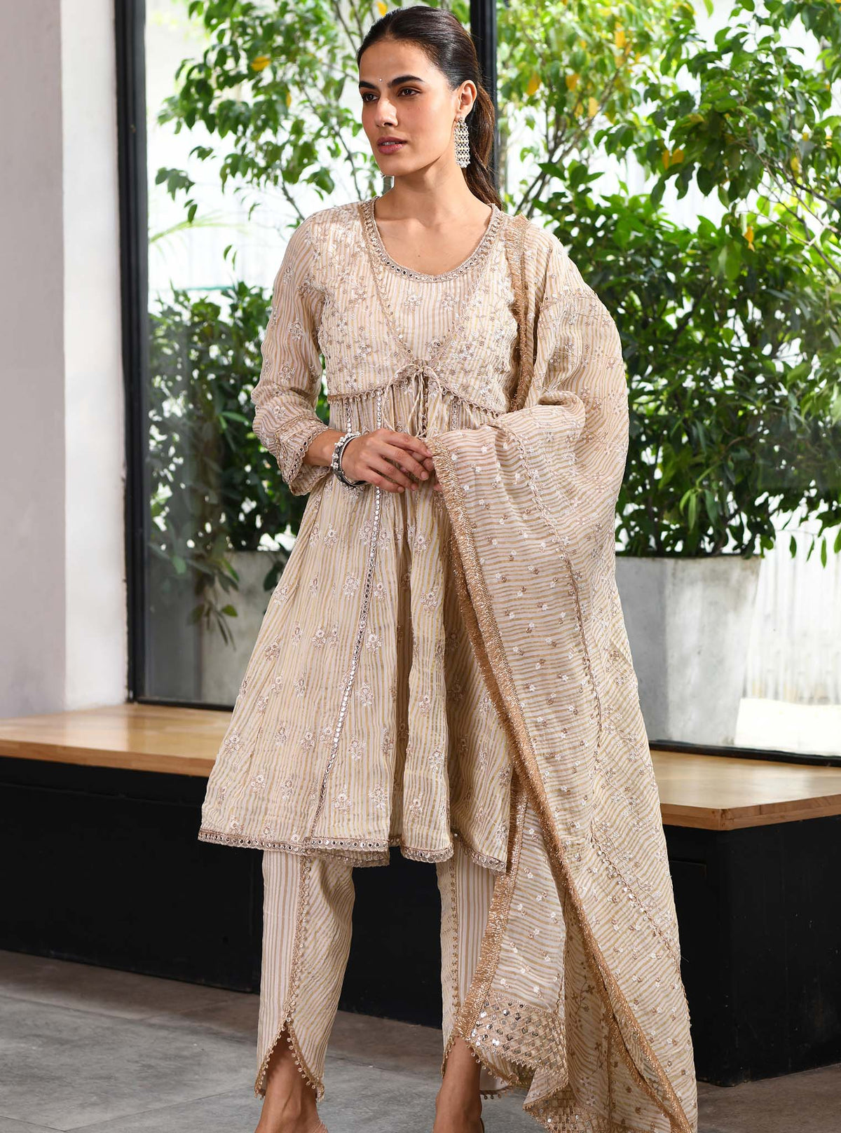 Green Printed 3/4 Sleeve Short Anarkali Kurta