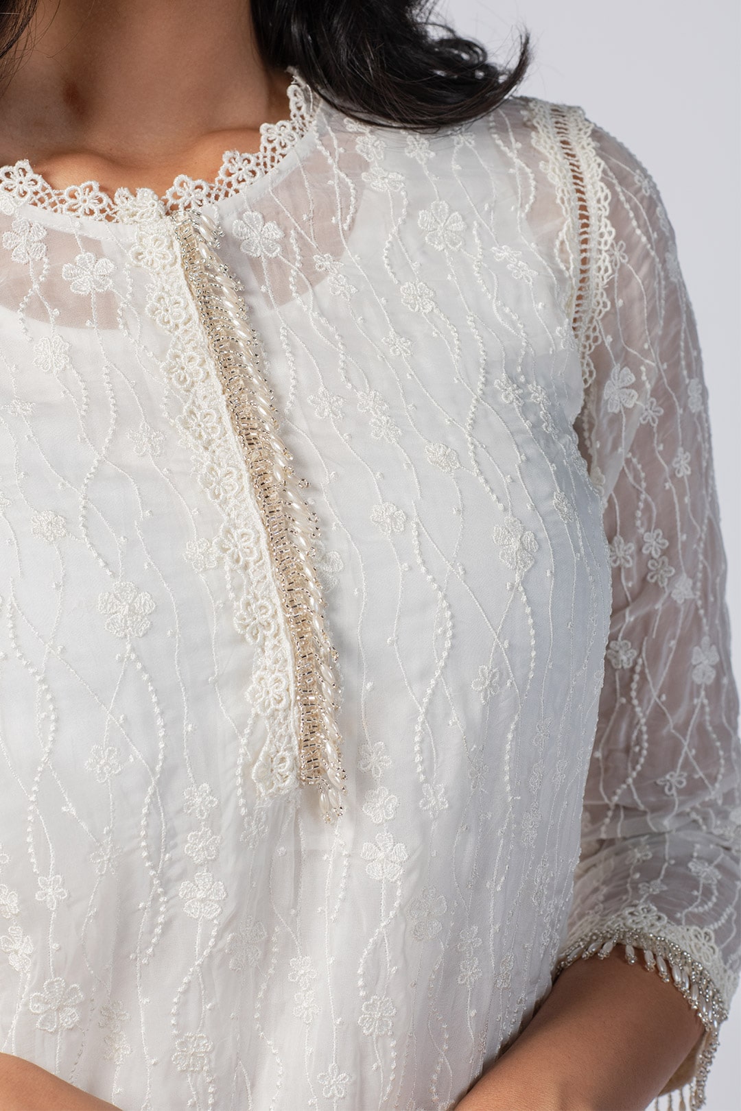 Mulmul Tencel Luxe Organza Freya White Kurta With Supima Cotton freya Round Hem White Pant