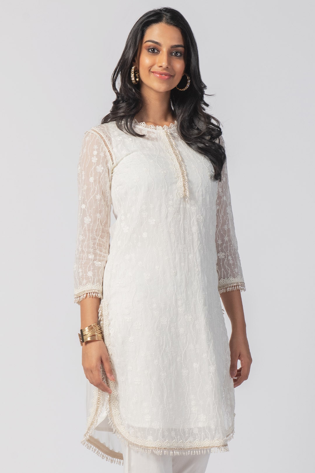 Mulmul Tencel Luxe Organza Freya White Kurta With Supima Cotton freya Round Hem White Pant