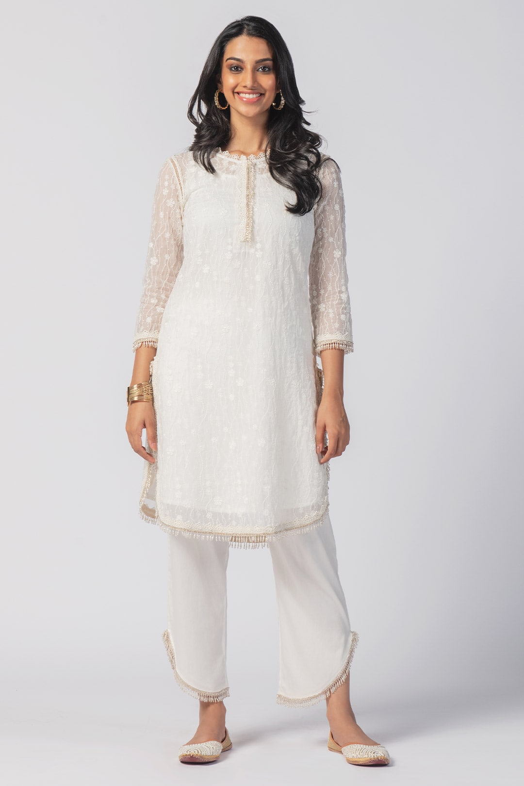 Mulmul Tencel Luxe Organza Freya White Kurta With Supima Cotton freya Round Hem White Pant