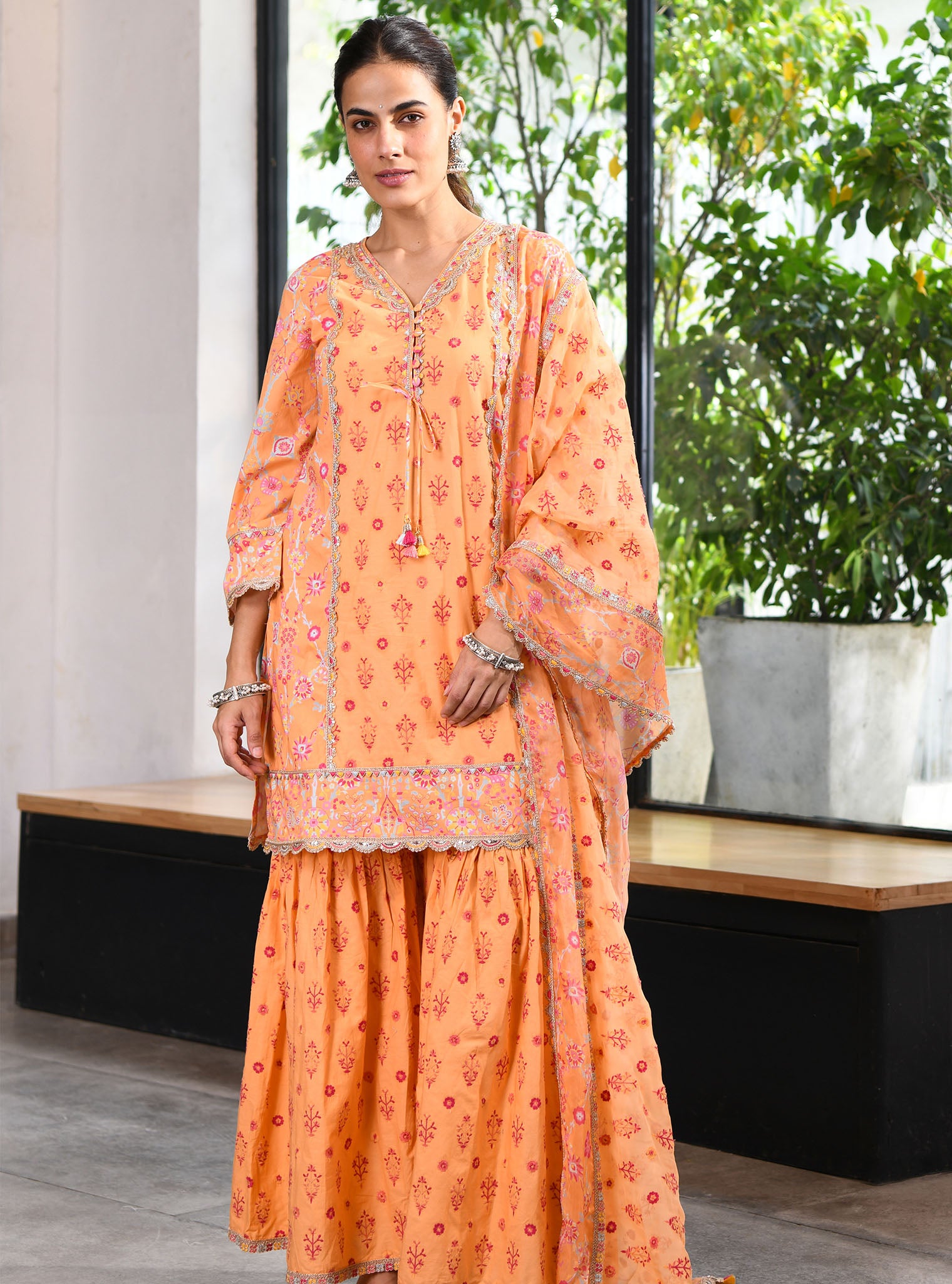 Mulmul Cotton Harper Orange Kurta With Harper Orange Sharara