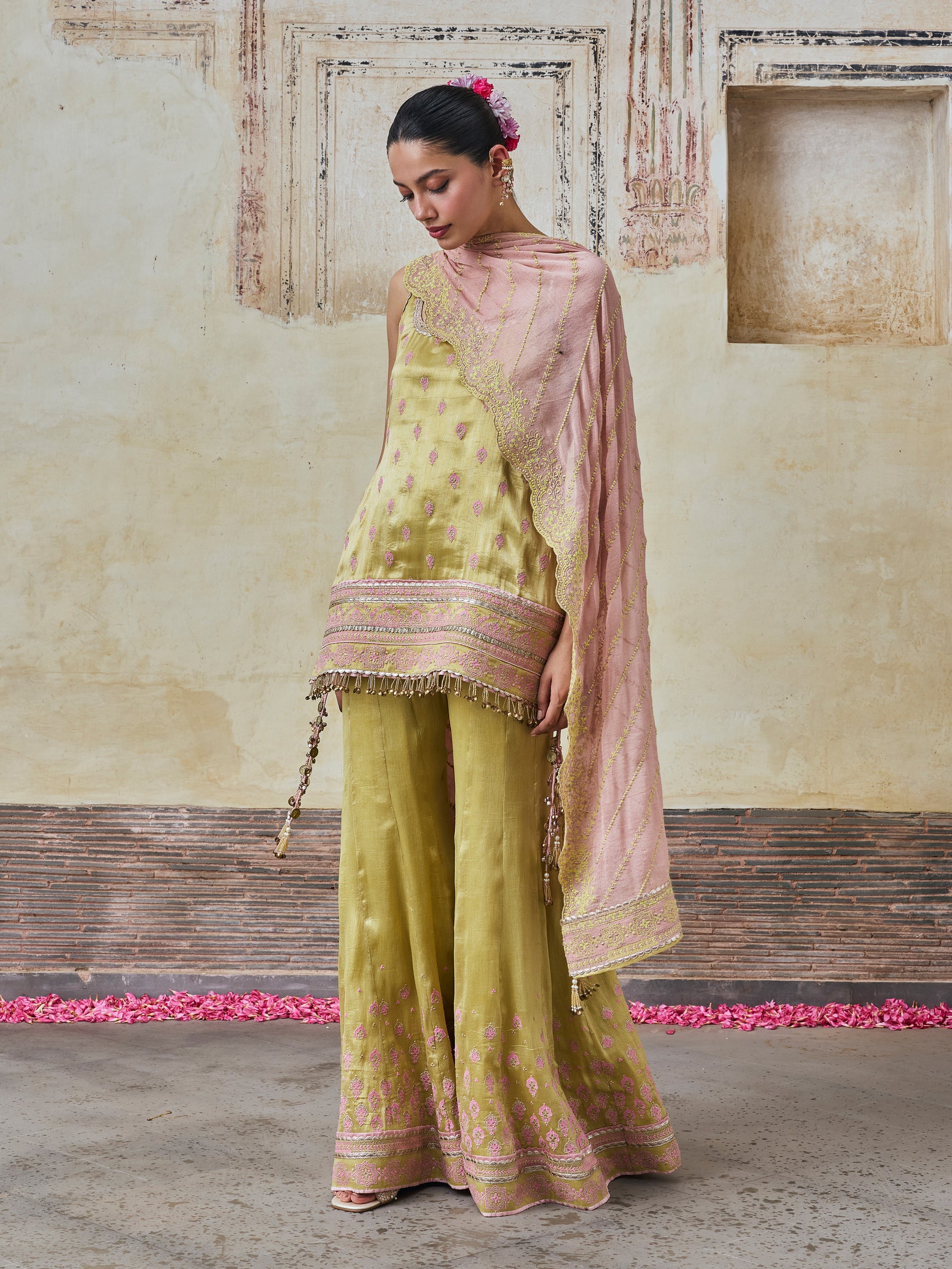 Jugal Bemberg Tissue Lime Kurta with Sharara