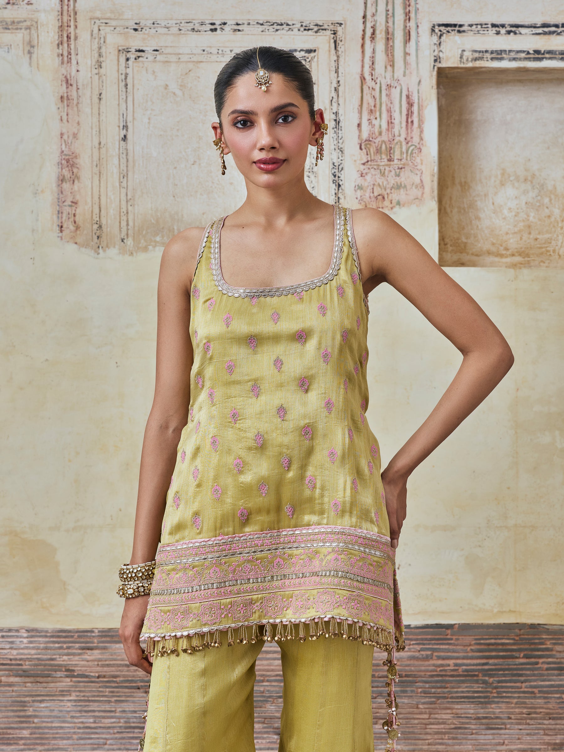 Jugal Bemberg Tissue Lime Kurta with Sharara