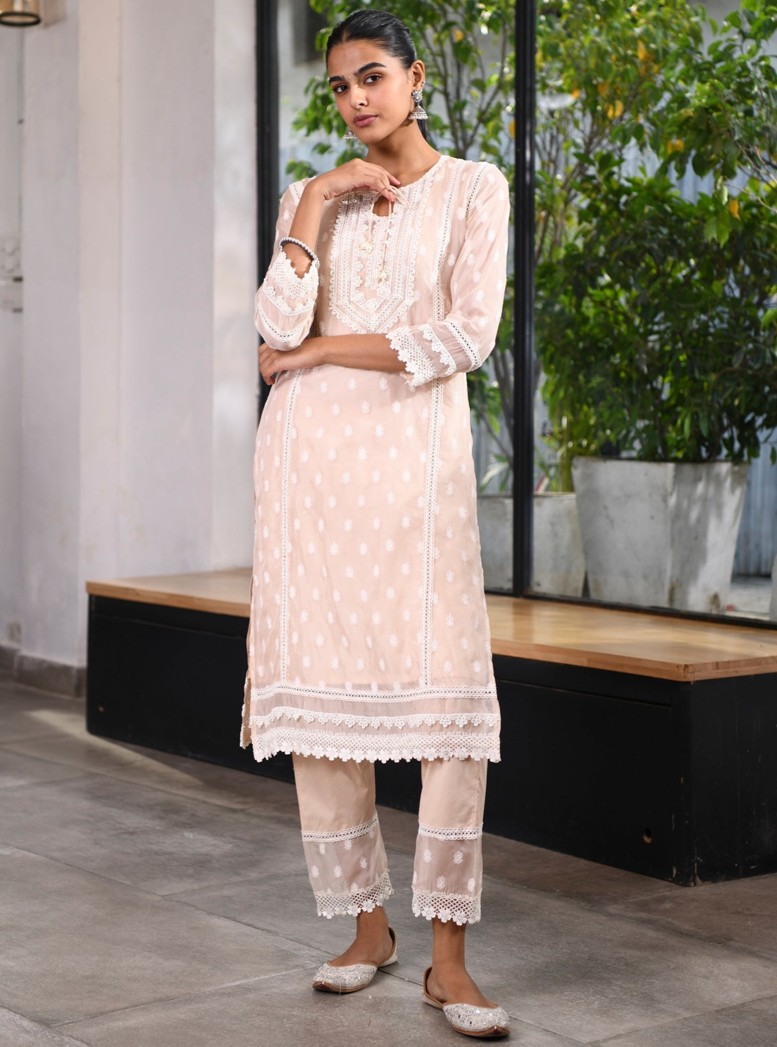 Mulmul Organza Jankia Beige Kurta With Mulmul Cotton Jankia Beige pant