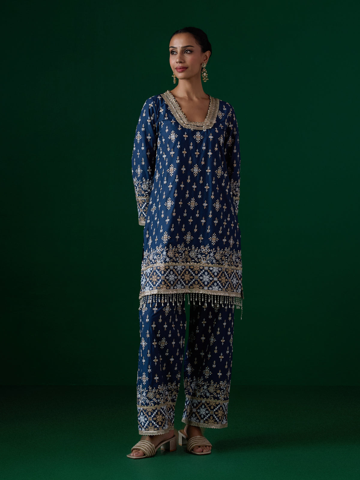 Kalander Pima Satin Navy Kurta Set