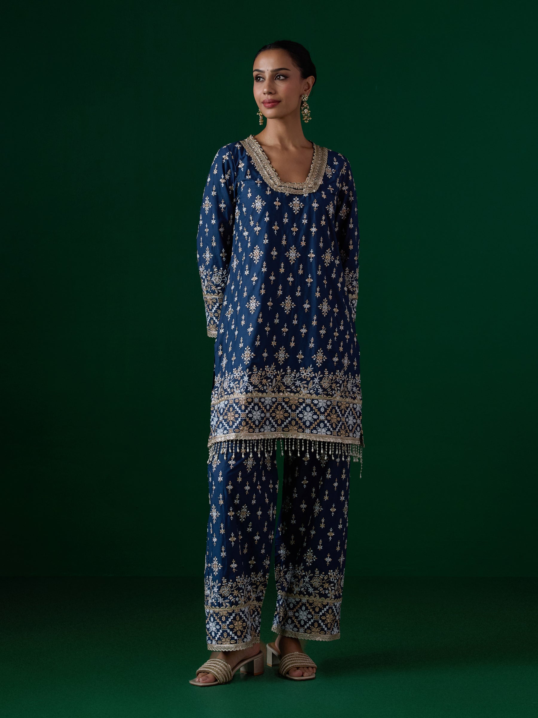 Kalander Pima Satin Navy Kurta Set