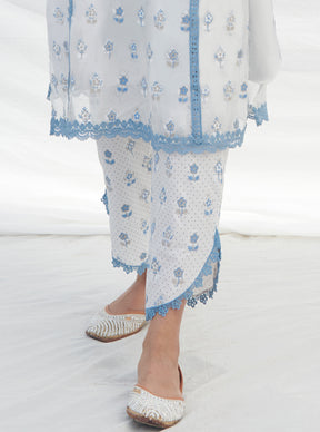 Mulmul Organza Laine Blue Kurta With Mulmul Cotton Laine Blue Pant