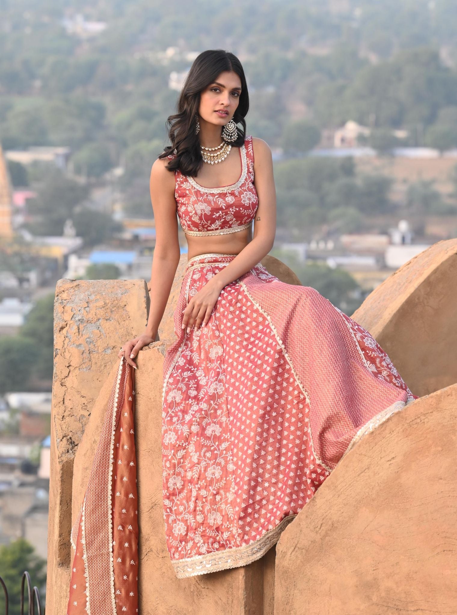 Silk Base Red and Peach Embroidered Lehenga set – TheStylease.com