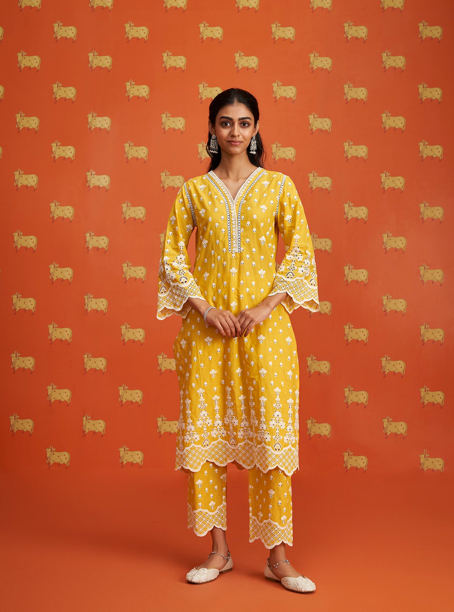 Mulmul Cotton Khaji Yellow Kurta With Mulmul Cotton Khaji Yellow Pant