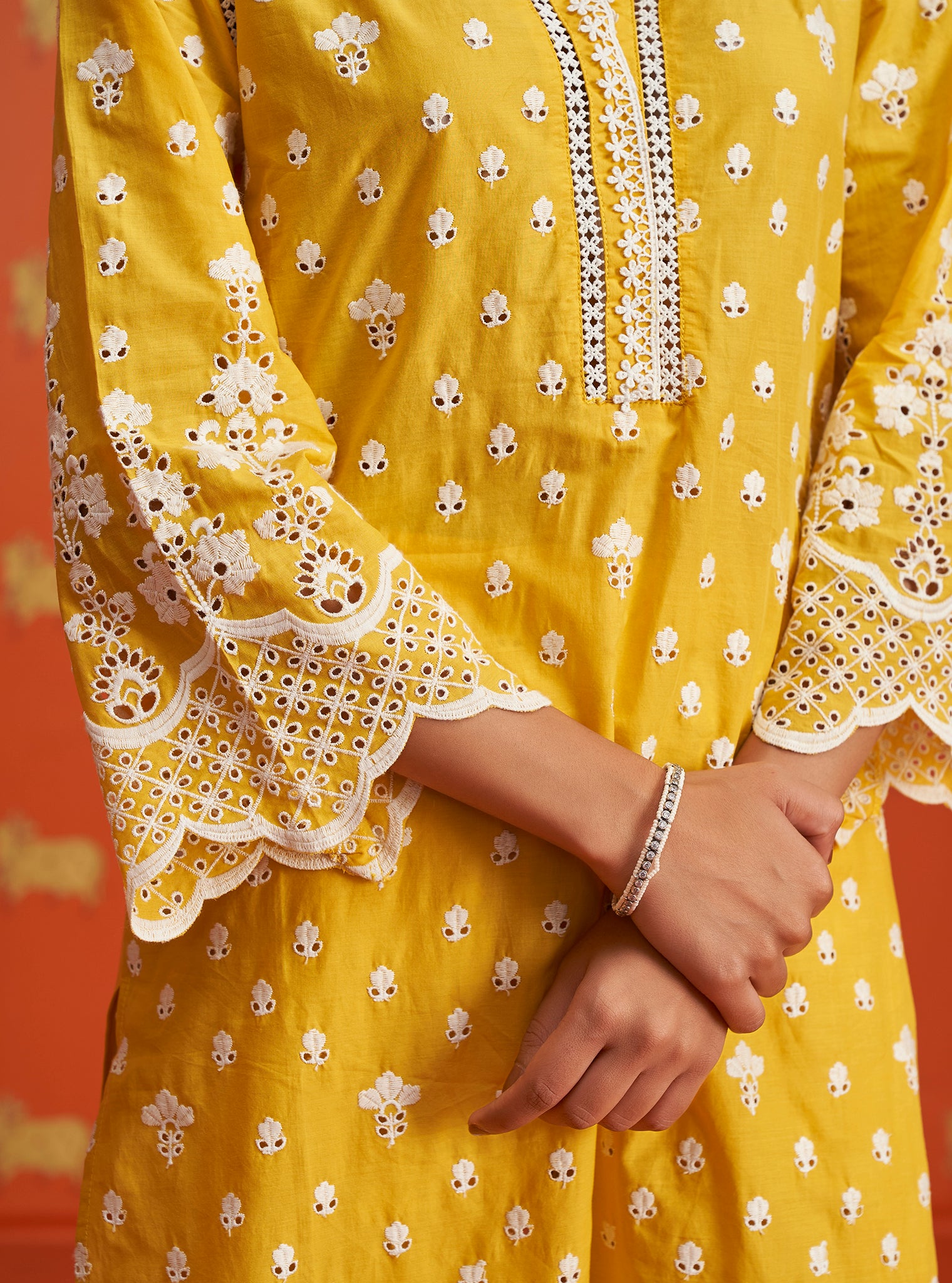 Mulmul Cotton Khaji Yellow Kurta With Mulmul Cotton Khaji Yellow Pant