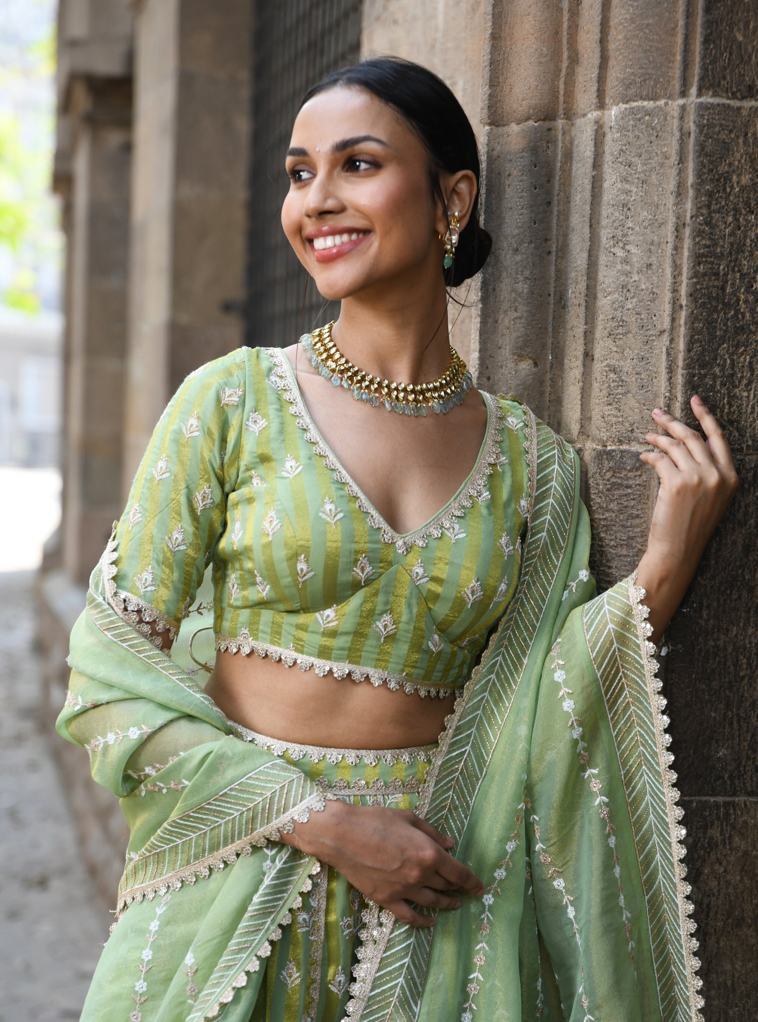 Mulmul Banarsi Sindhuri Green Lehenga