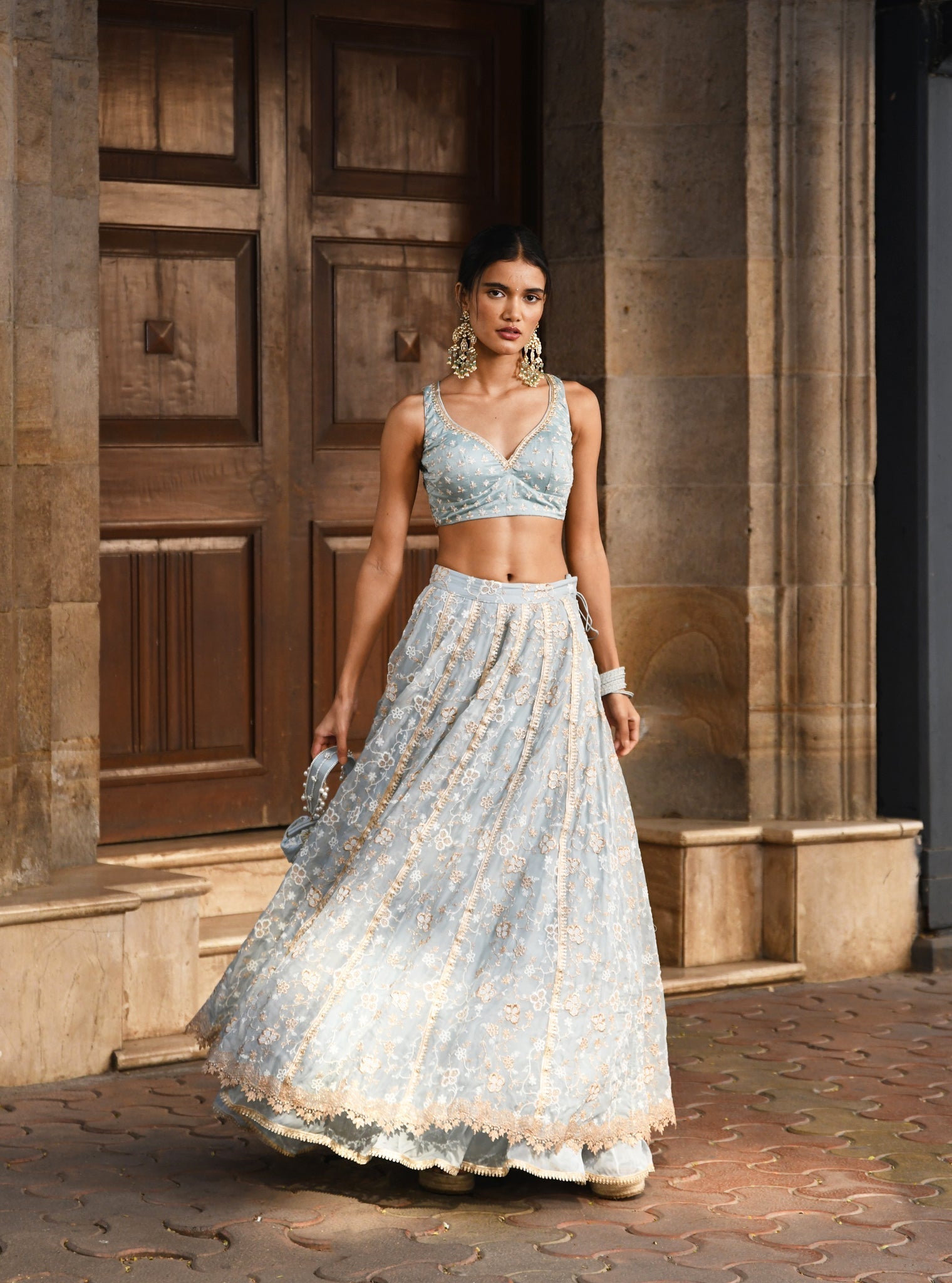 Mulmul Organza Bimli Light Blue Lehenga With Mulmul Luxe Silk Bimli Light Blue Dupatta