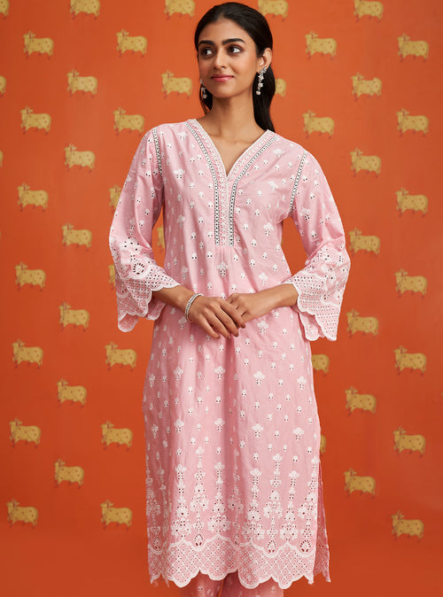 Mulmul Supima Cotton Maneri Pink kurta