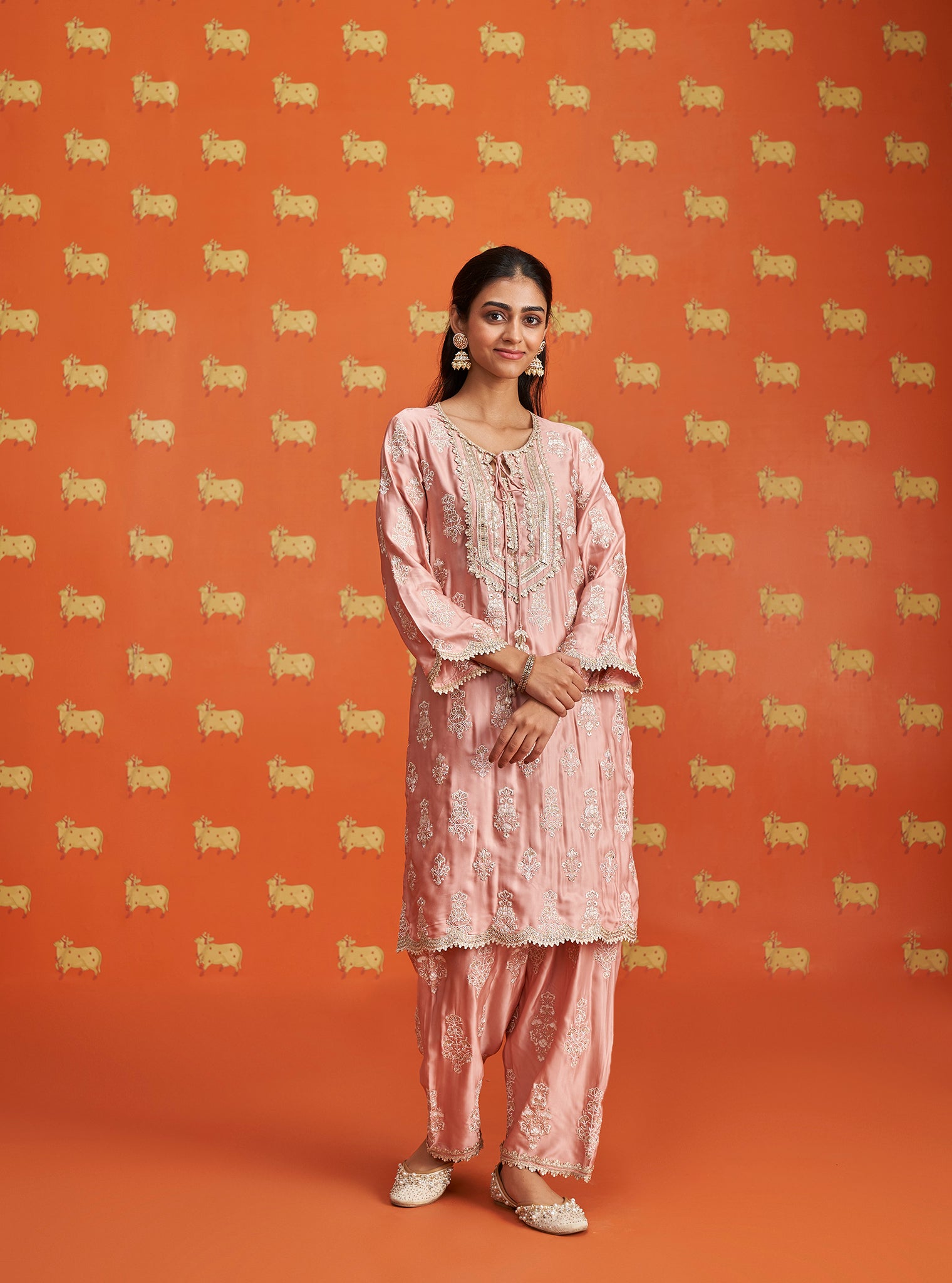 Mulmul Cupro Satin Intira Pink Kurta With Mulmul Cupro Satin Intira Pink Pant