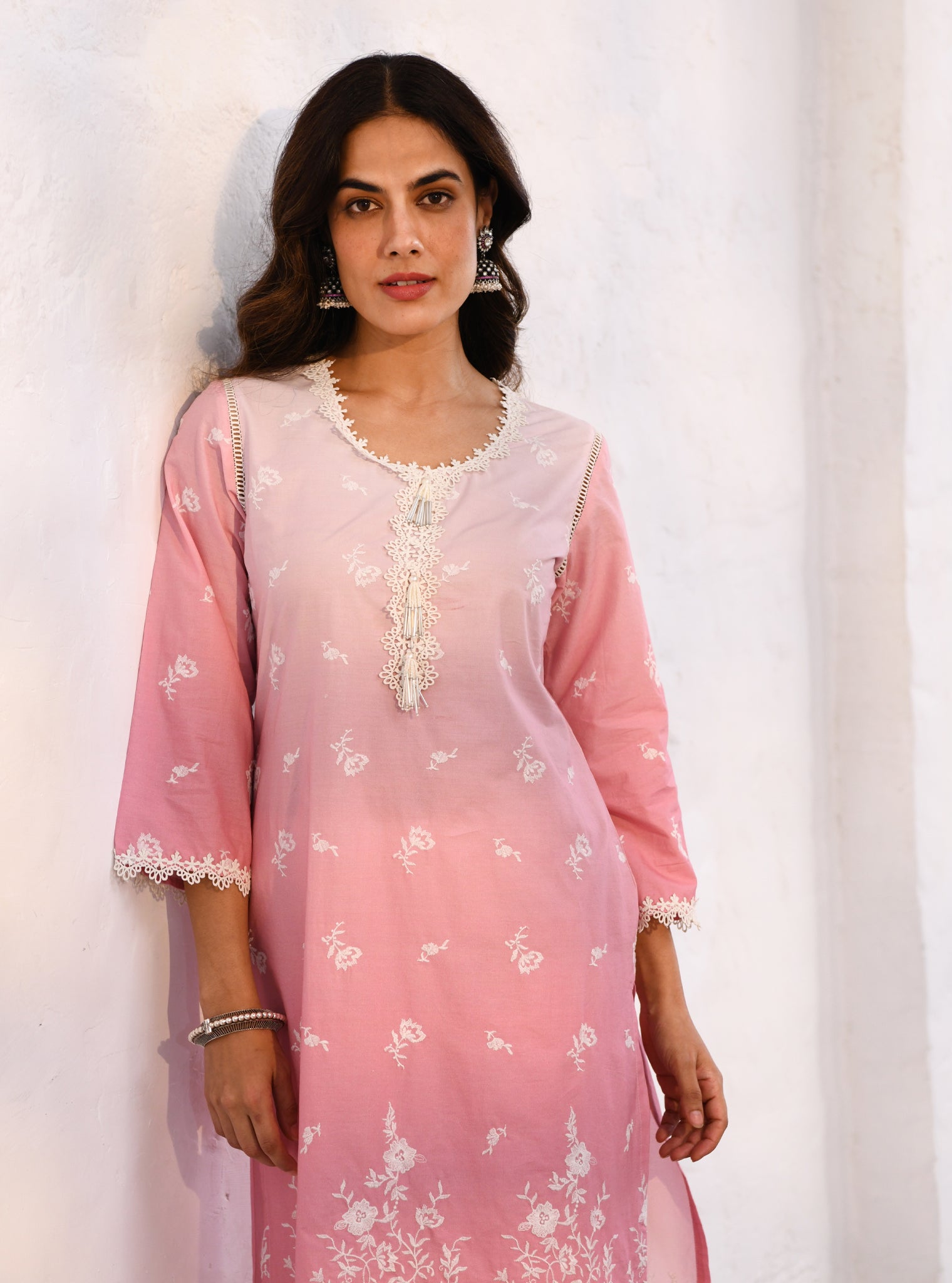 Mulmul Cotton Mandre Pink Kurta With Mulmul Cotton Mandre Pink Pant