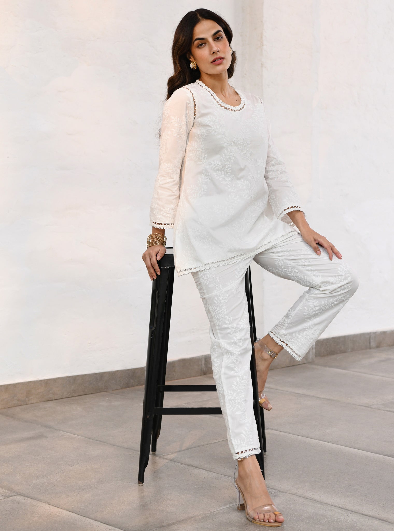 Mulmul Cotton Milton White Top With Milton White Pant