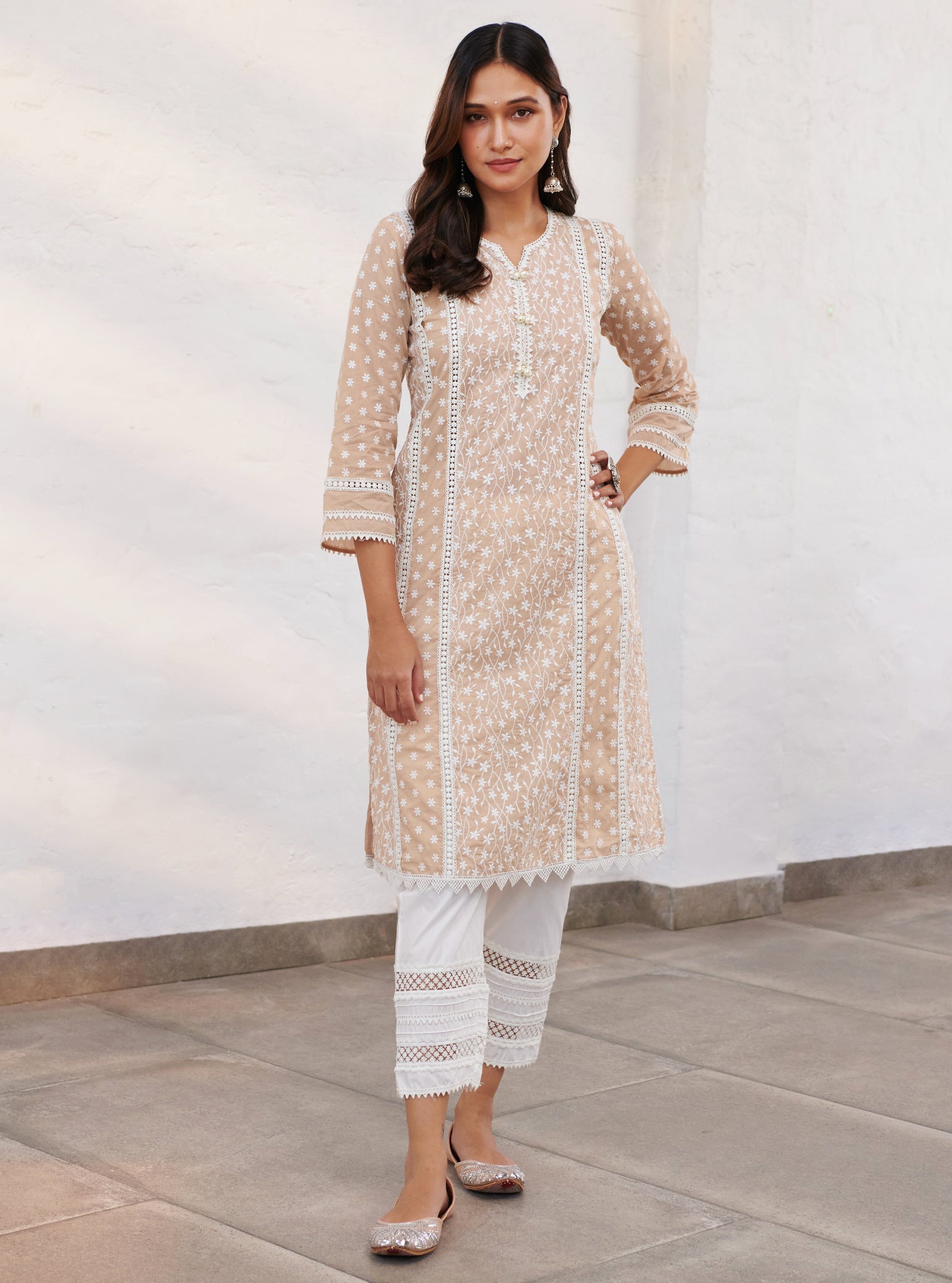 Mulmul Cotton Moira Beige Kurta With Mulmul Cotton Floral Ladder Slim White Pant