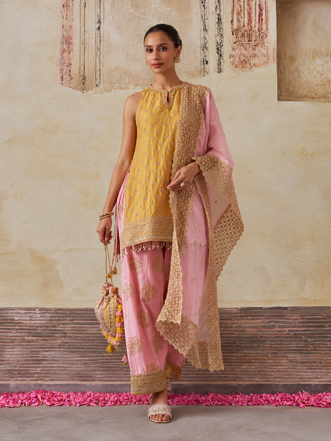 Sugandh Pima Satin Mustard Kurta Set