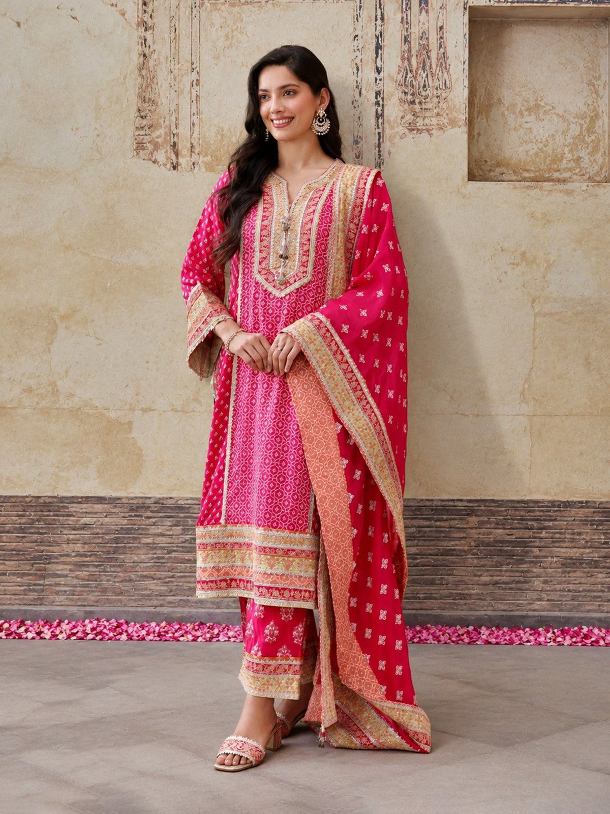 Orelia Banarsi Fuchsia Long Kurta Set