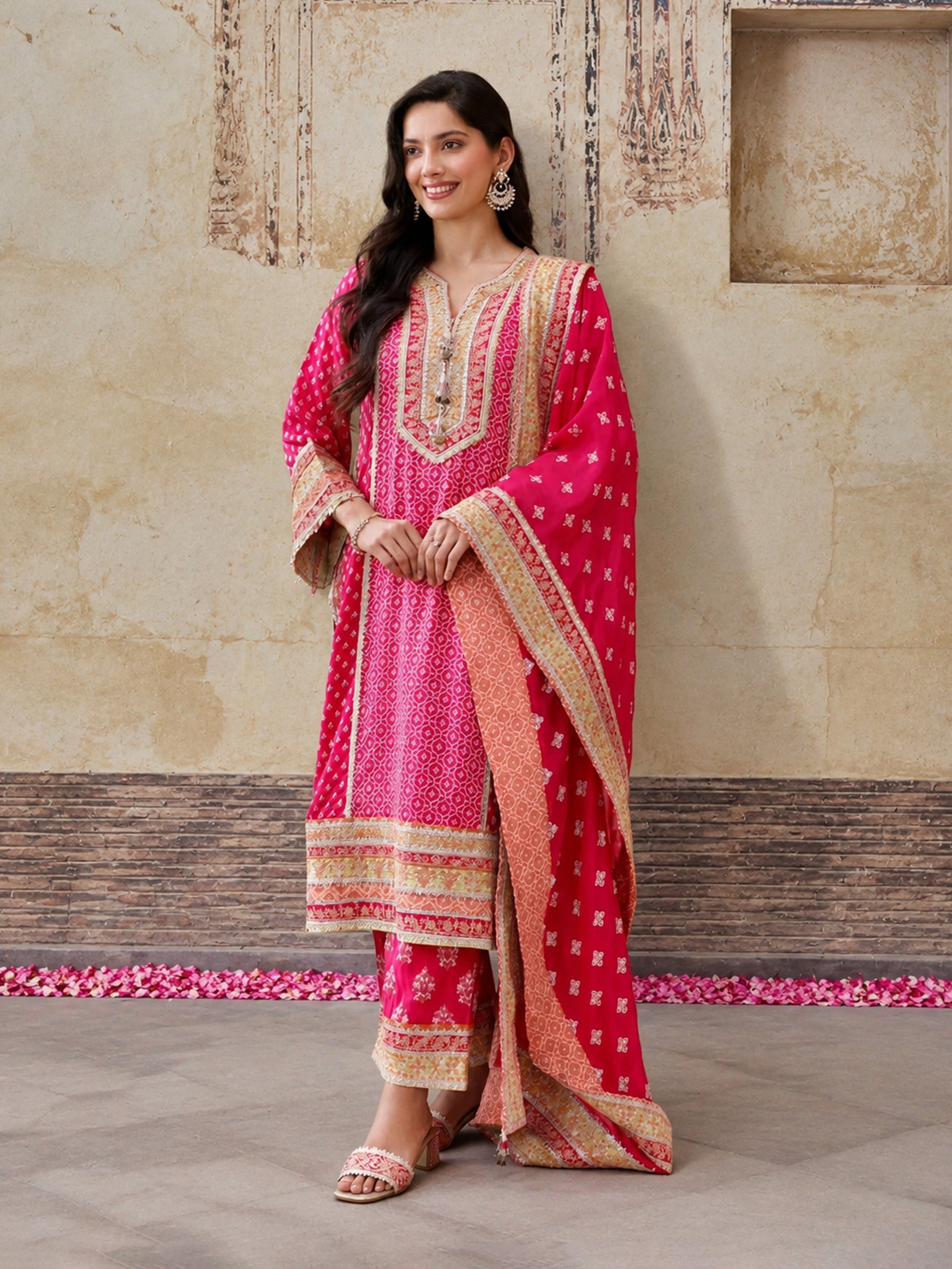 Orelia Banarsi Fuchsia Long Kurta Set