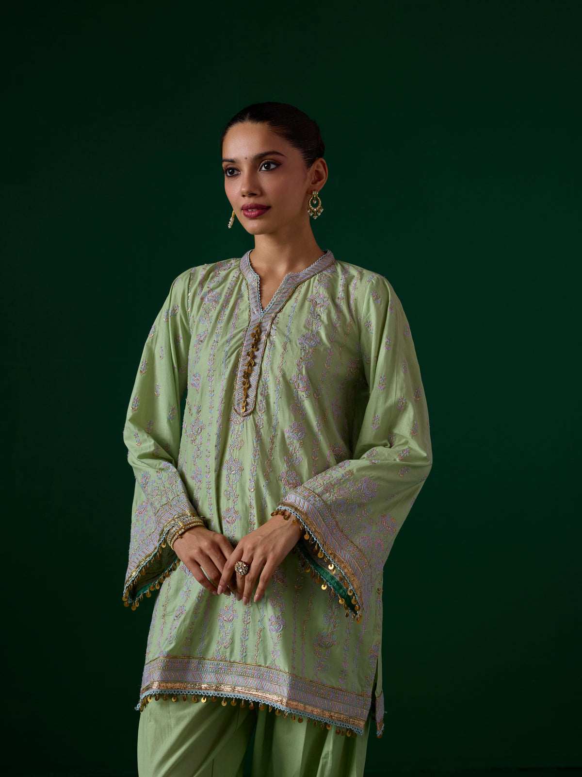 Pralika Bemberg Satin Green Kurta With Farshi Salwar
