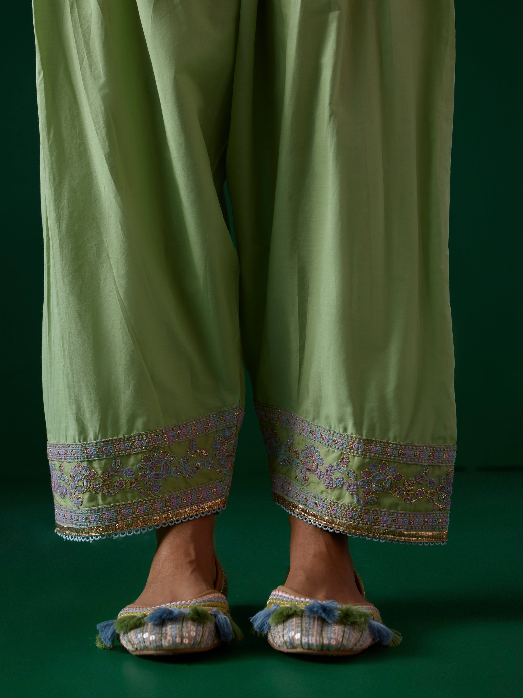 Pralika Bemberg Satin Green Kurta With Farshi Salwar