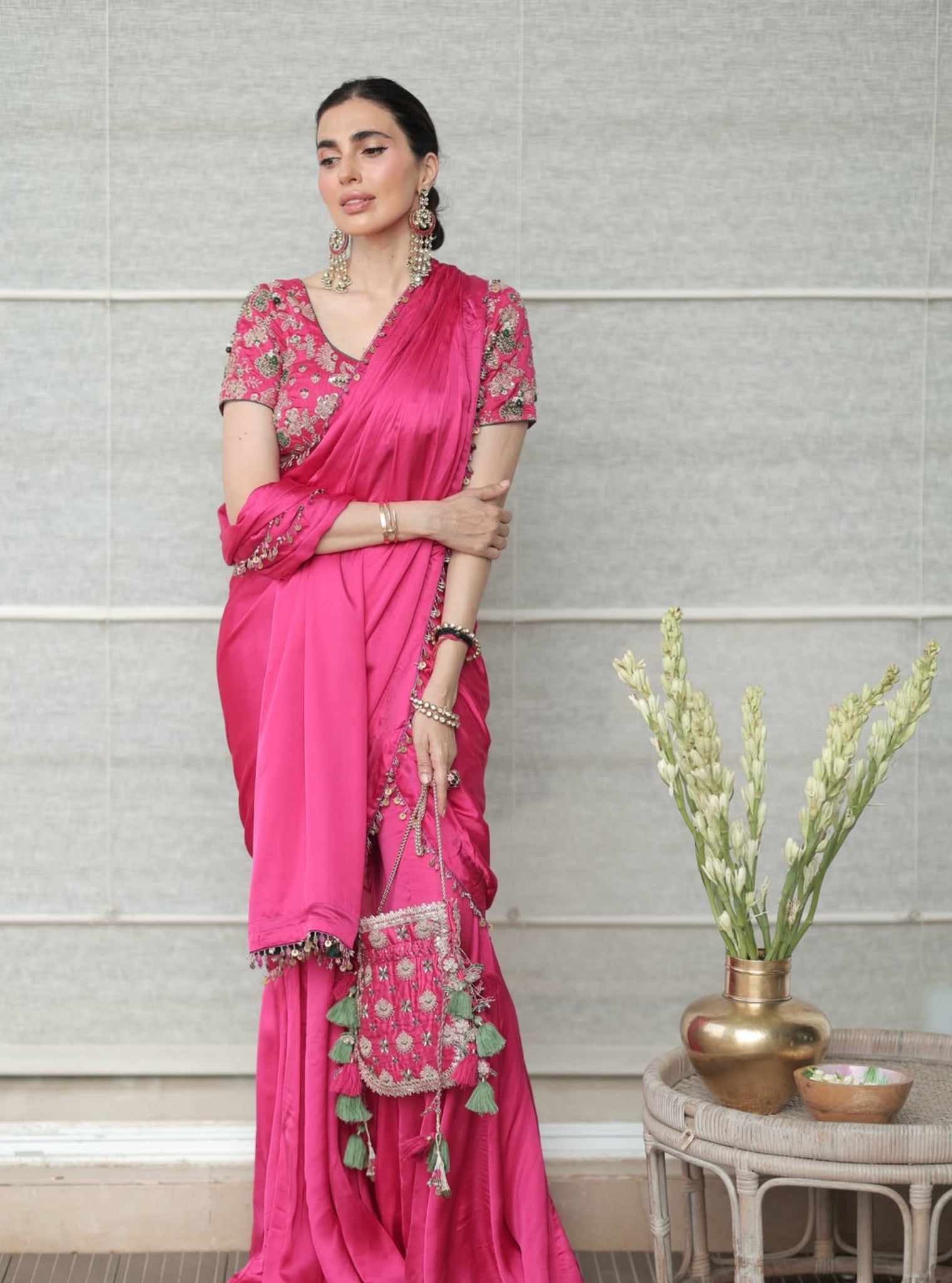 Saawari Cupro Satin Fuchsia Pre-draped Saree