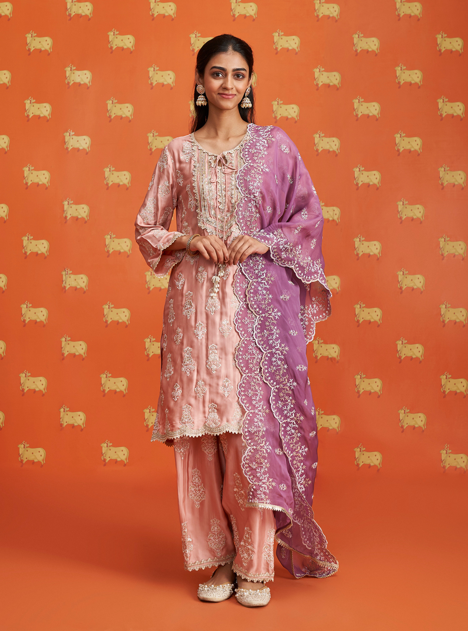 Mulmul Cupro Satin Intira Pink Kurta With Mulmul Cupro Satin Intira Pink Pant