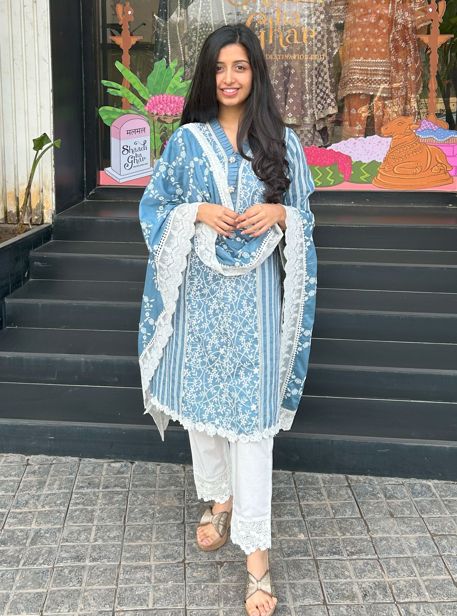 Mulmul Cotton Malani Denim kurta