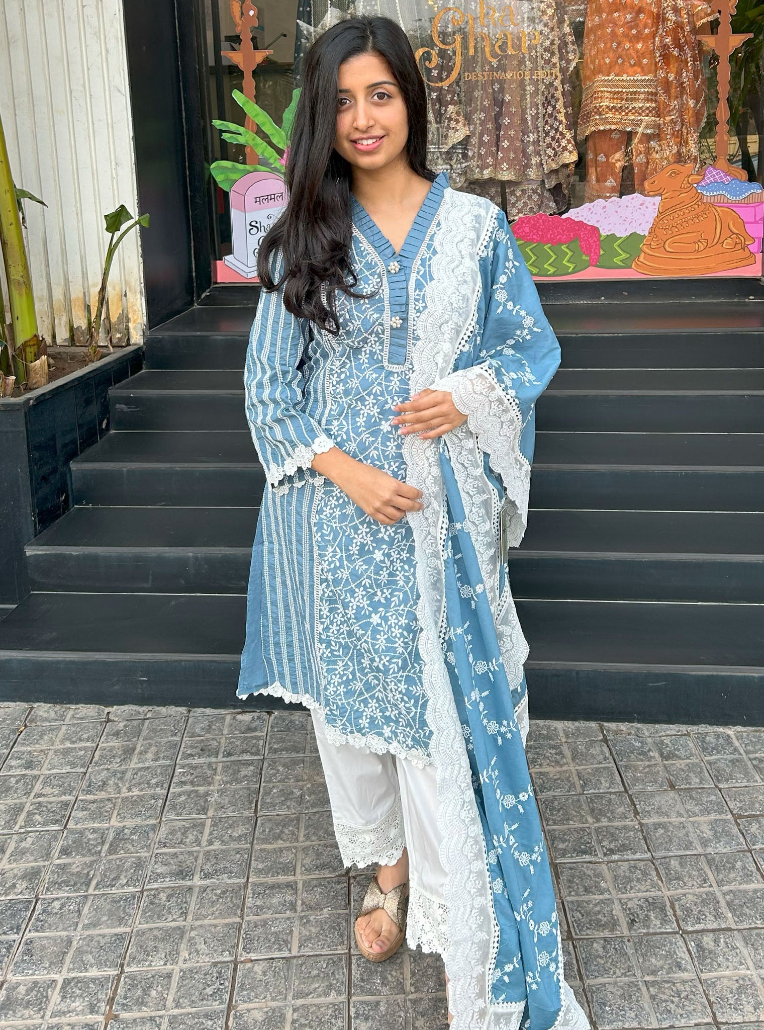 Mulmul Cotton Malani Denim kurta