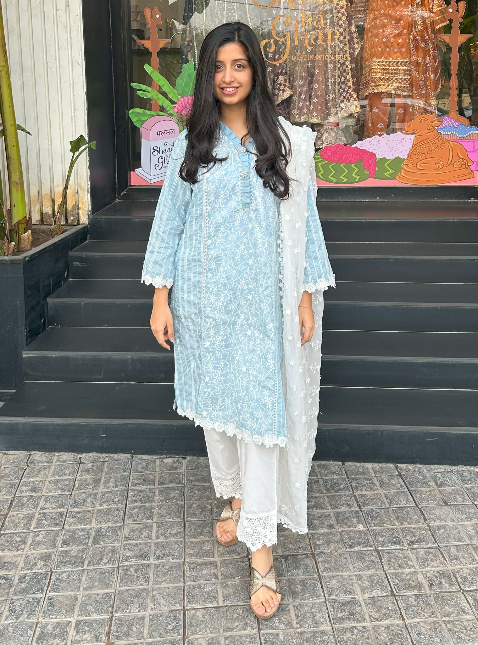 Mulmul Supima Cotton Malani Light Blue kurta