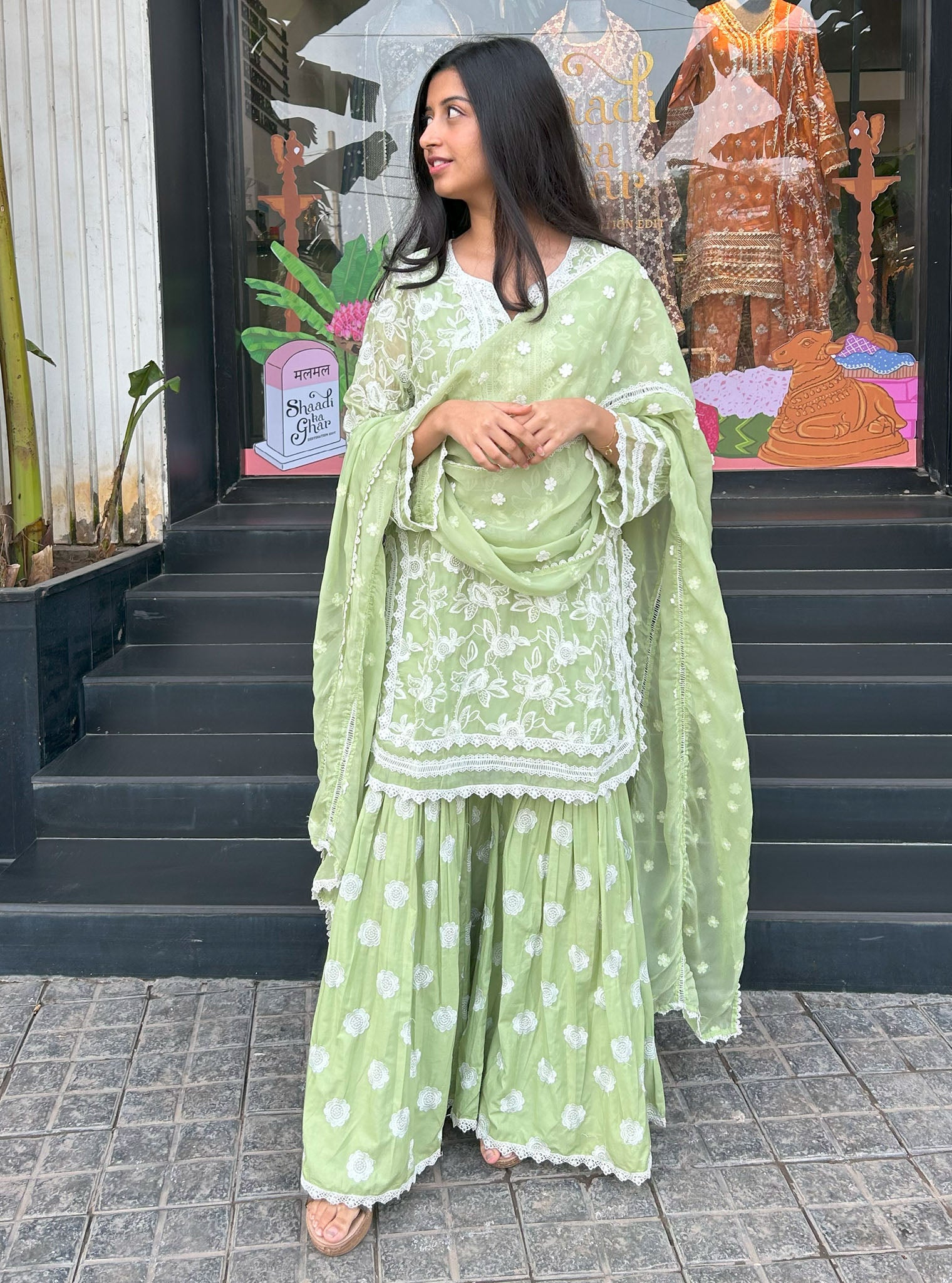 Mulmul Cotton Lyella Green Kurta with Mulmul Cotton Lyella Green Garara