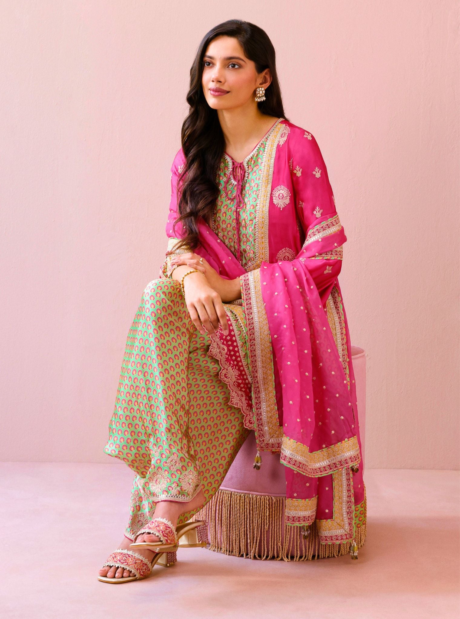 Veya Cupro Satin Fuchsia & Green Kurta Set