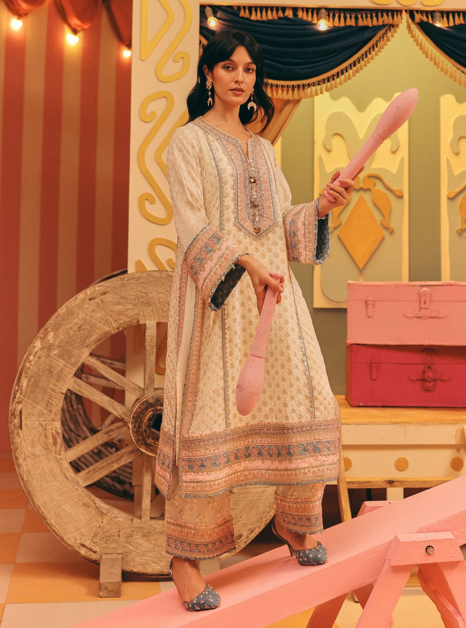Orelia Banarsi Off-White Long Kurta Set